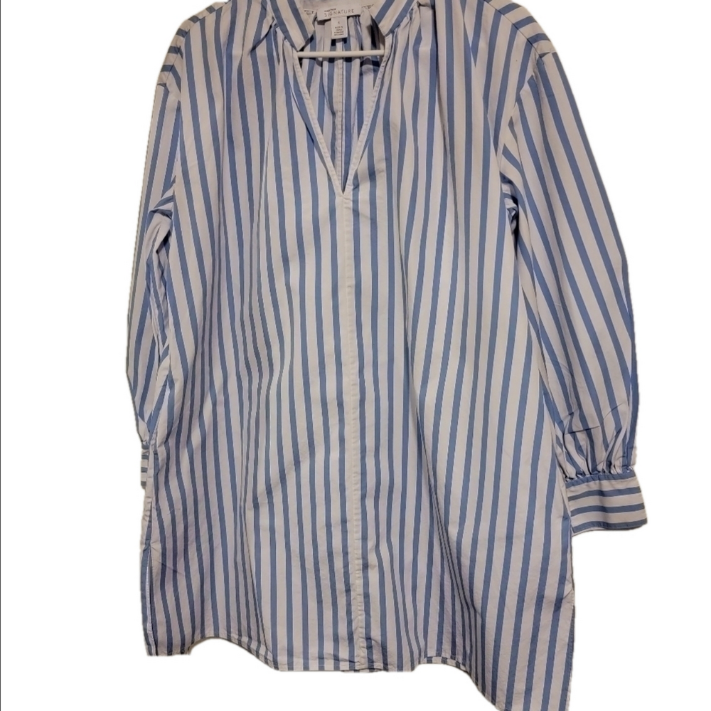 Nordstrom Cotton Pocketed Tunic Dress Long Sleeve Blue White S